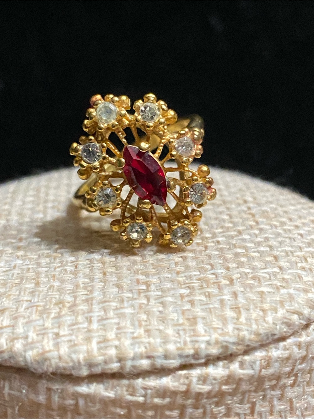 14KGoldE Floral Halo Ring with Red Marquise Ruby Stone